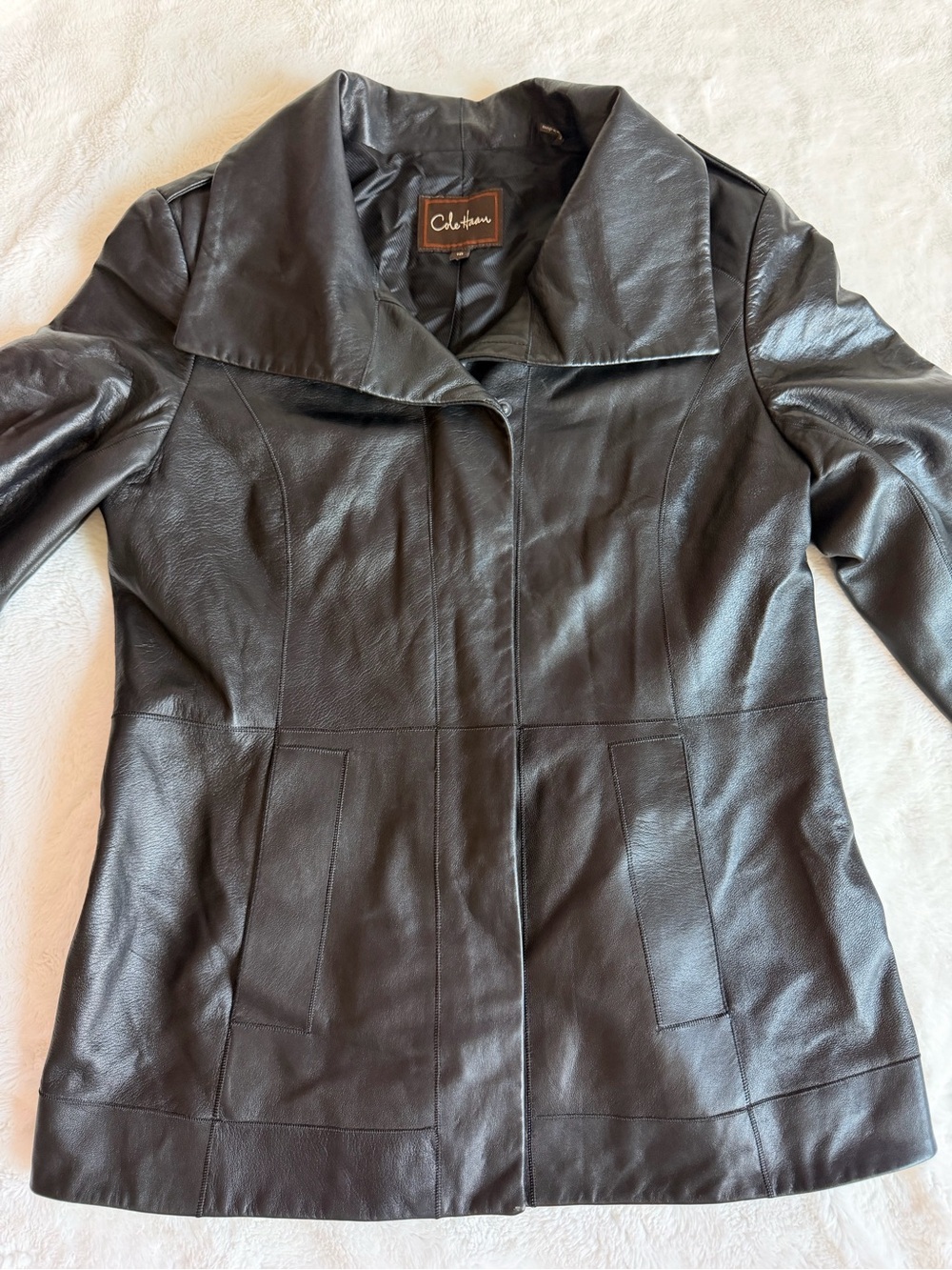 Cole Haan Black Leather Jacket with Wide Collar